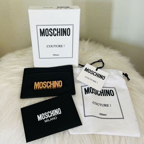MOSCHINO Logo Leather Card Case, Designer Italian Luxury Wallet, Black Gold, NWT - Picture 13 of 13